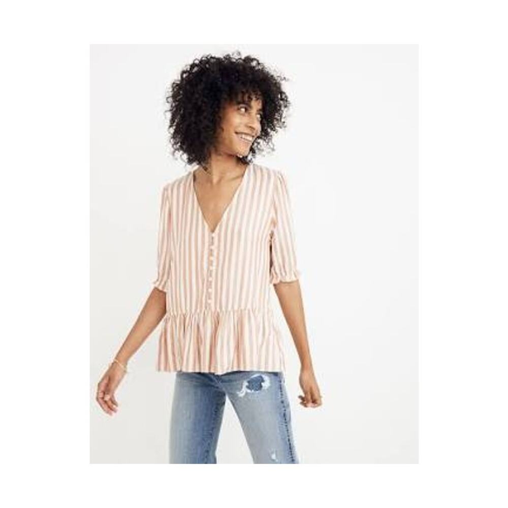 MADEWELL Courtyard Ruffle-Hem Top In Stripe Marlow White Size Small